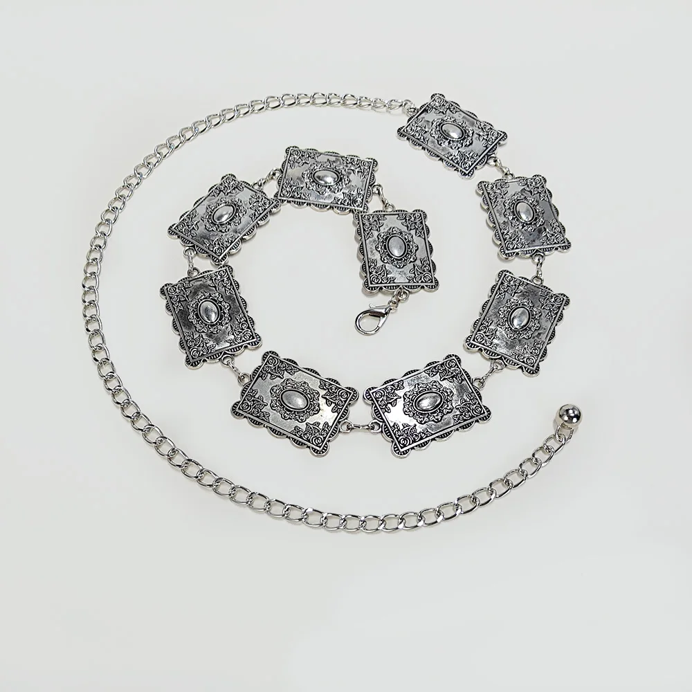 Vintage rechteckige, längliche Metall-Taillenkette für Damen, Western-Cowboy, hochwertiger Luxus-Designer, exquisiter goldener Kettengürtel – Detail 4