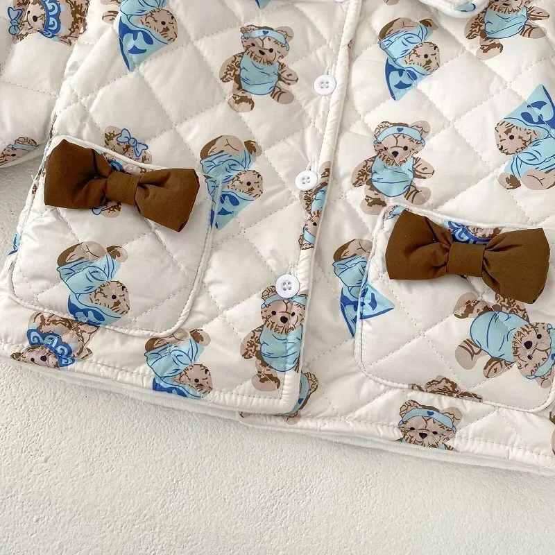 Winter Baby Girl Down Coat 0-3Years Newborn Kids Long Sleeve Cartoon Bear Bow Fleece Cardigan Thicken Warm Outwear Clothes