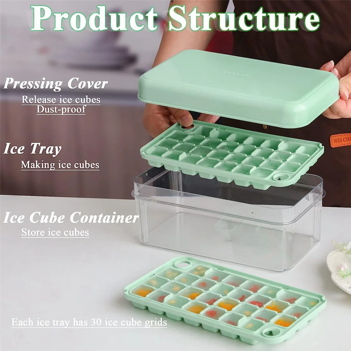 Ice Cube Tray with Lid Ice Trays for Freezer Maker Mold with Container 60 Trays Easy-Release Green