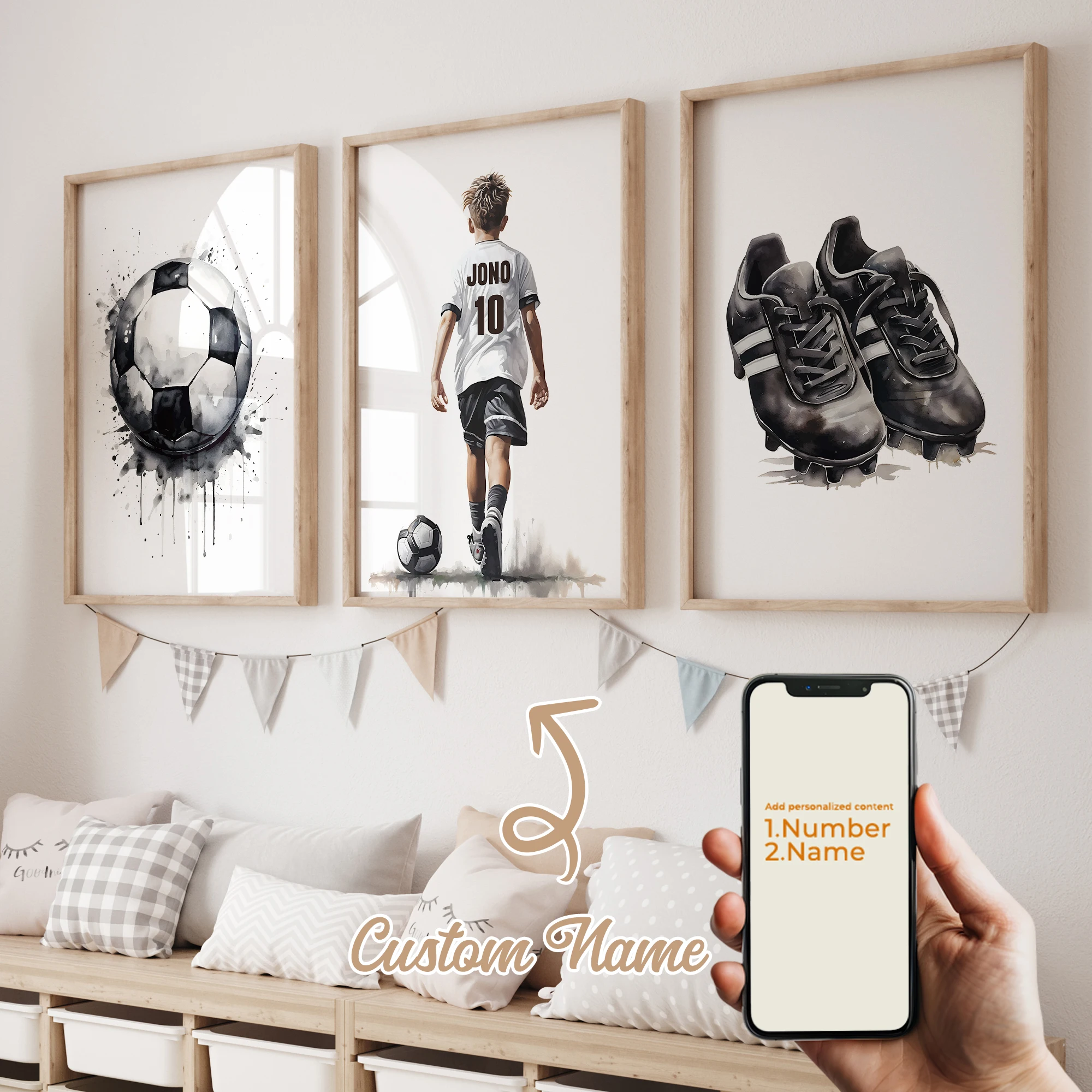 3pcs Personalized Custom Name Cartoon Child Football Wall Art Print Picture Canvas Poster Painting For Living Room Home Decor 3