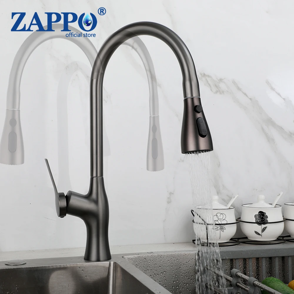 

ZAPPO Grey Kitchen Faucets Pull Out Flexible Kitchen Sink Faucet 3 Modes Sprayer Hot Cold Water Mixer Stainless Steel Tap Black