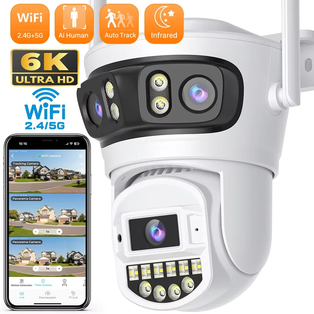15MP 180 ° viewing angle surveillance WiFi camera triple lens triple screen 5x zoom 9MP security protection camera auto tracking