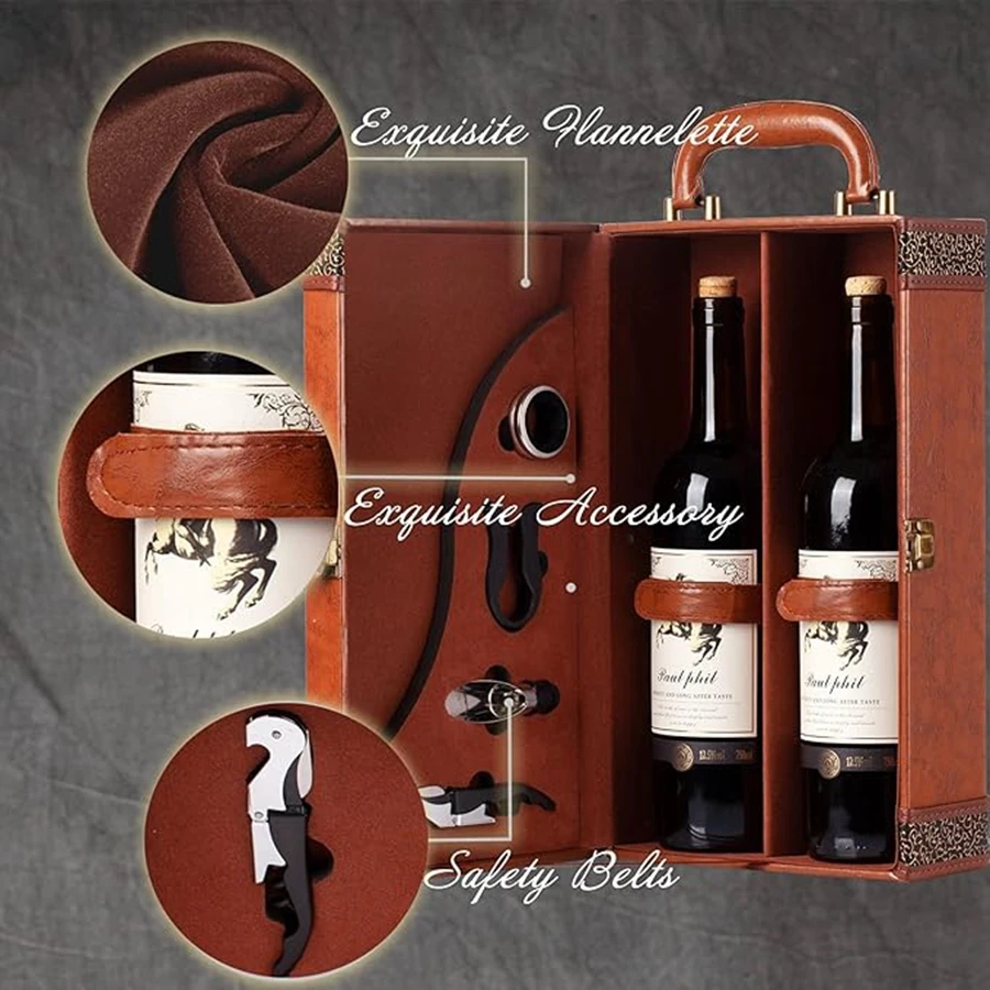 2 Bottle Wine Gift Box with 4 Accessories Set – PU Leather Portable Wine Carrier Tote, ... - SKU WGB02059 - UGI Packaging
