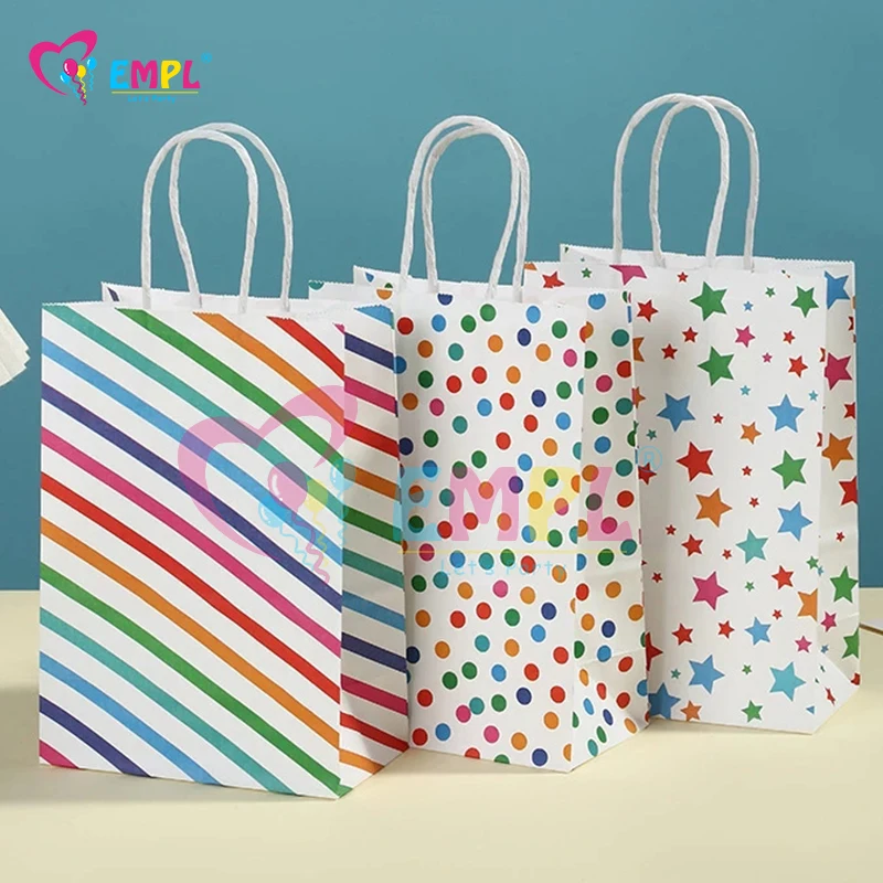 Lot De 12 Sacs En Papier Kraft Avec Poignées - Motif Arc-en-ciel