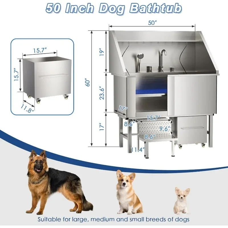304 Stainless Steel Dog Washing Station, 50 Inch Professional Dog Grooming Tub, Pet Bathtub with Sink, Storage Drawer,Ladder 2