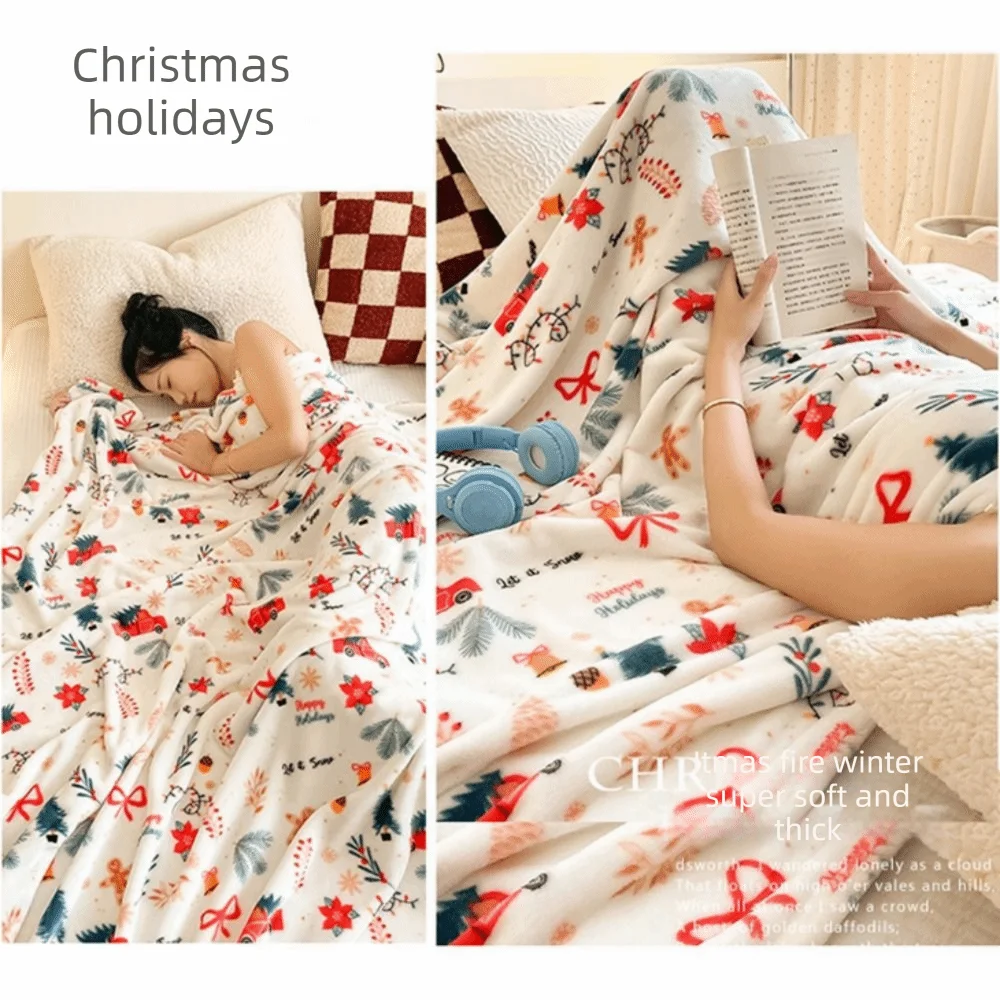 Thickened Christmas Flannel Blanket Xmas Pattern Soft Xmas Sofa Blanket Comfortable Warm Nap Blankets Happy New Year