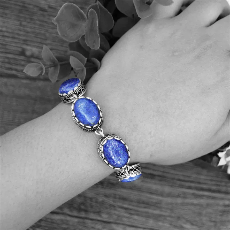 Metal Bracelet Natural Oval Lapis Lazuli Vintage Antique Silver Plated Flower Pendant Fashion Jewelry Party Gift TB276