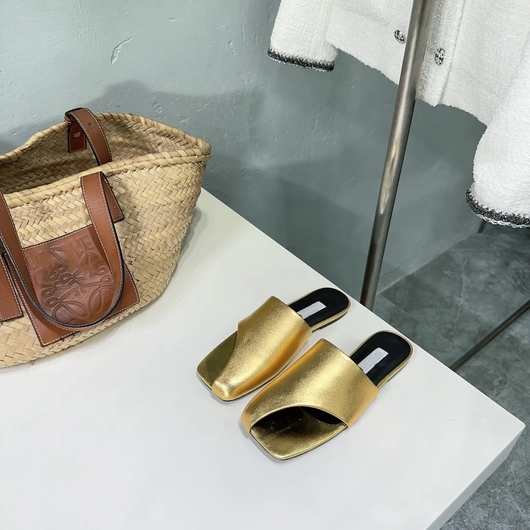 Women's shoes summer new minimalist style leather square head half pack side air fashionable slope heel flat bottom slippers