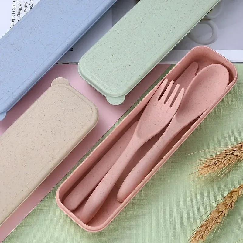 Cutlery Set Western Style Cutlery Set Picnic Cutlery Set Picnic Tableware Camping Cutlery Set Colorful Wheat Straw Knife Fork Spoon Set with Storage Box Outdoor Camping Portable Plastic Tableware Student Lunch Cutlery Set