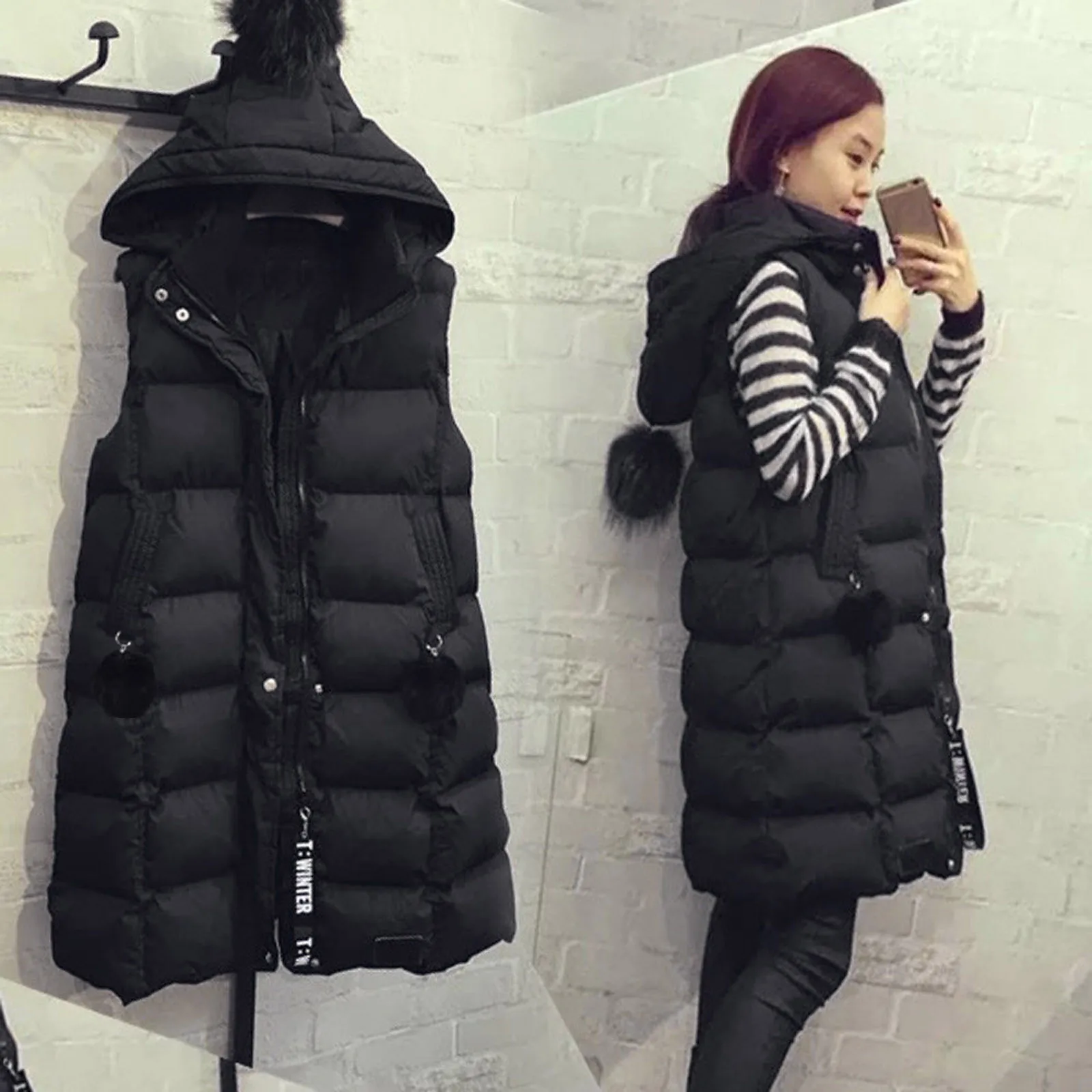 Autumn Winter Women Long Parkas Vest Warm Black Zipper Hooded Down Coat Parka Ladies Sleeveless Waistcoat Jacket Outwear zipper down vest female jacket stand up collar puffer warm coat pocket 2022 new autumn winter fashion solid ladies outwear parka