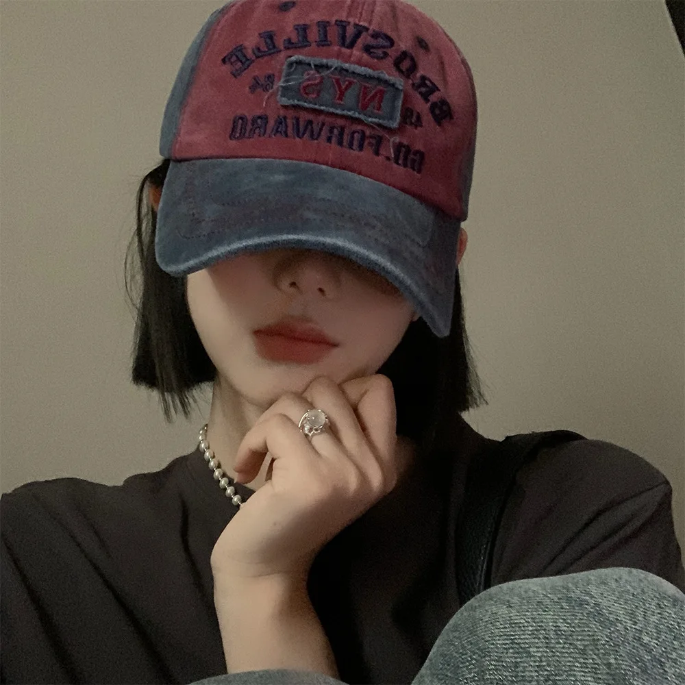 Baseball Cap ELAIF American Vintage Baseball Cap Women's Soft Top Letter Washed Denim Cap Wide Brim Large Head Circumference Small Hat