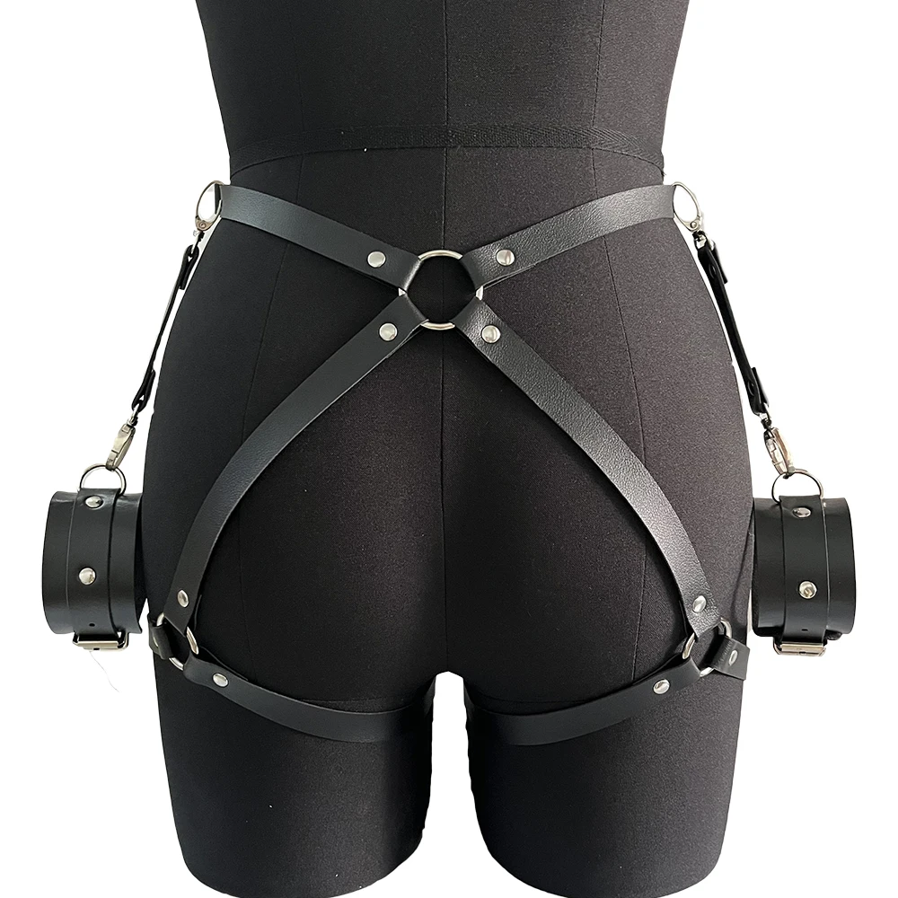 Women's Stylish Leather Thigh Belt and Bracelet Set - Fashionable Fetish Accessory
