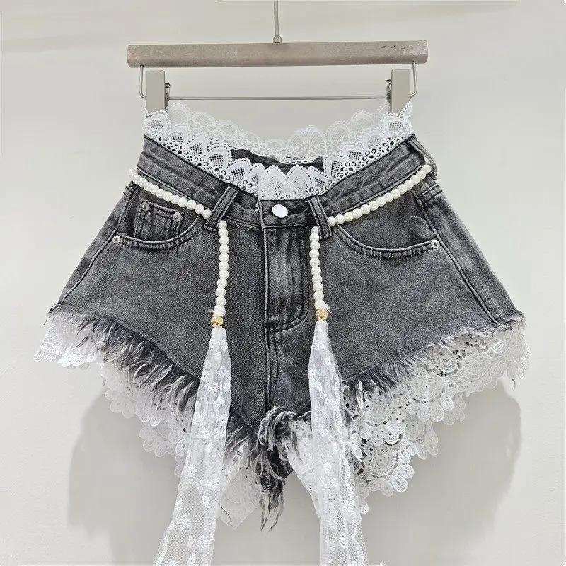 2026 Summer Denim Shorts New Splicing Hook Flower Lace Lace with Waist Rope Tassel Denim Shorts Women's Hot Pants Trend