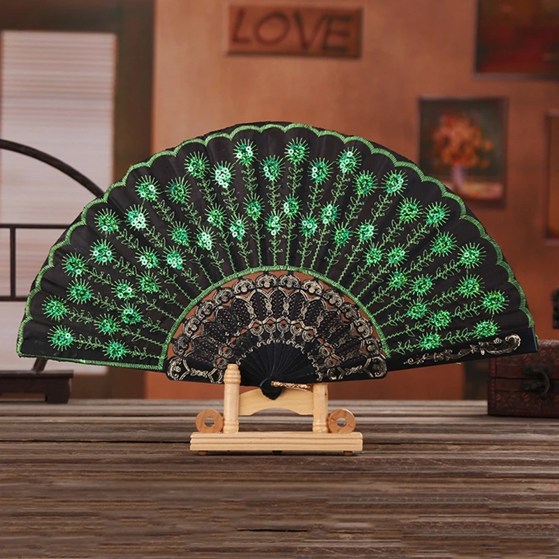 Rod Sequins Folding Fan Vintage Style Dance Performance Ornament hand fan