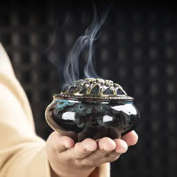 Incense Burner with Lid Hollow Top Censer Holder Heat Resistance Incense Tower Ice Crack Pattern Peaceful Mind Censer Burner