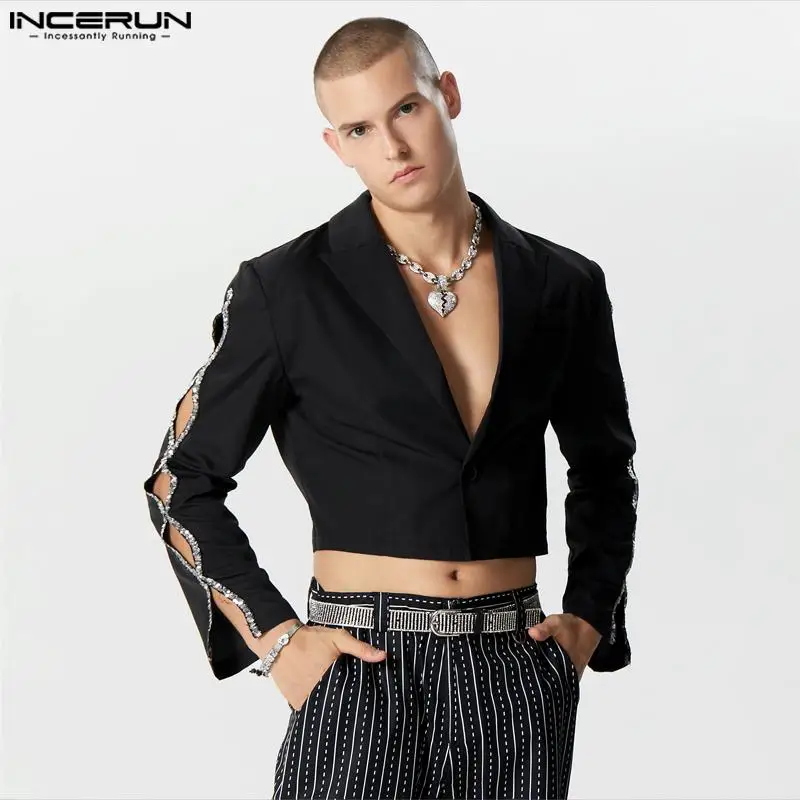 

Sexy Fashion Style Tops INCERUN Men's Hollowed Sleeved Splicing Suit Coats Casual Flash Ribbon Cropped Long Sleeved Blazer S-5XL