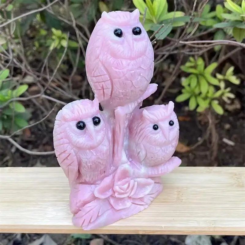 15CM Natural Pink Opal Tree Owl Carving Healing Crystal Animals Statue Reiki Crafts Home Room Decoration 1pcs 6