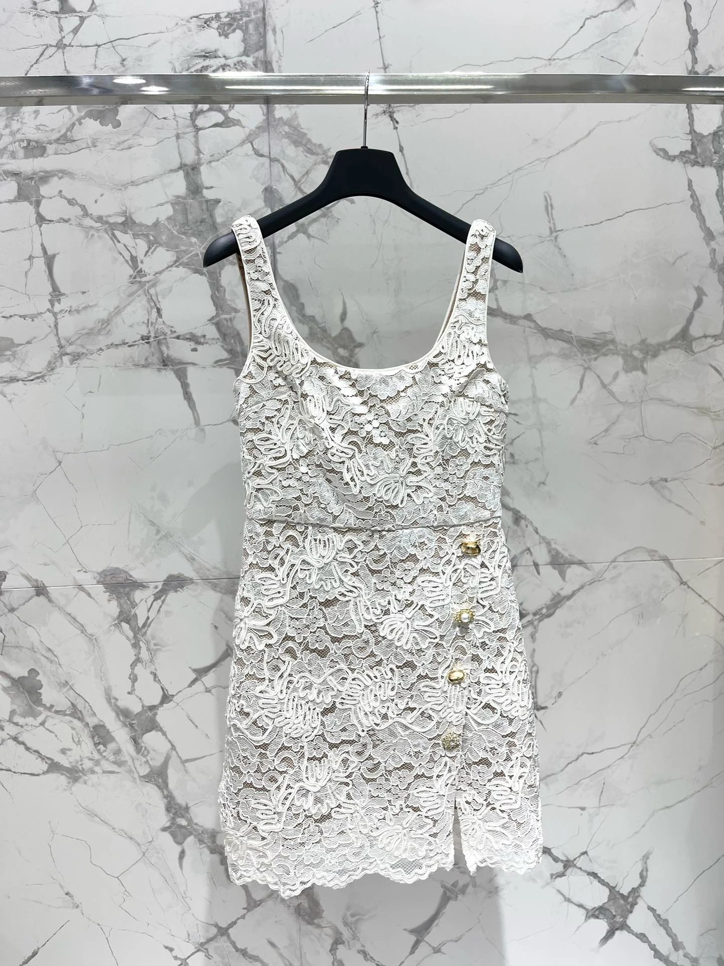 

EVACANDIS High Quality Women New Lace Spaghetti Strap O-Neck Mini Dress Solid Sexy Sweet Tunic Chic Sleeveless Elegant Casual