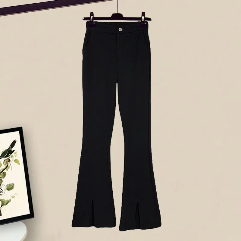 Spring and Autumn Season Set Women's 2024 New Korean Retro Shirt Casual Split Micro Ragged Pants Age Reducing Two Piece Set