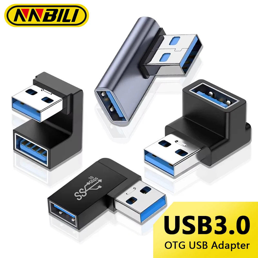 NNBILI USB3.0 Male to Female Right Angle Extension Adapter 90 Degree USB Connector Elbow Adapter 10Gbps For Laptop PC Converter