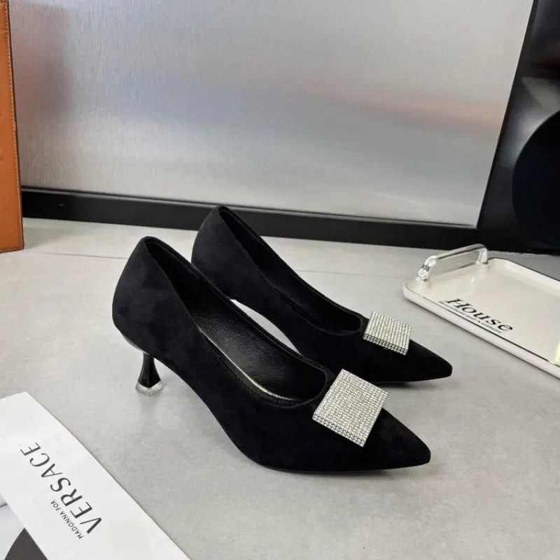 NEW High Heels Shoes for Woman 2024 Office Women's Summer Footwear Pumps Pointed Toe Black on Heeled Normal Leather Casual Trend