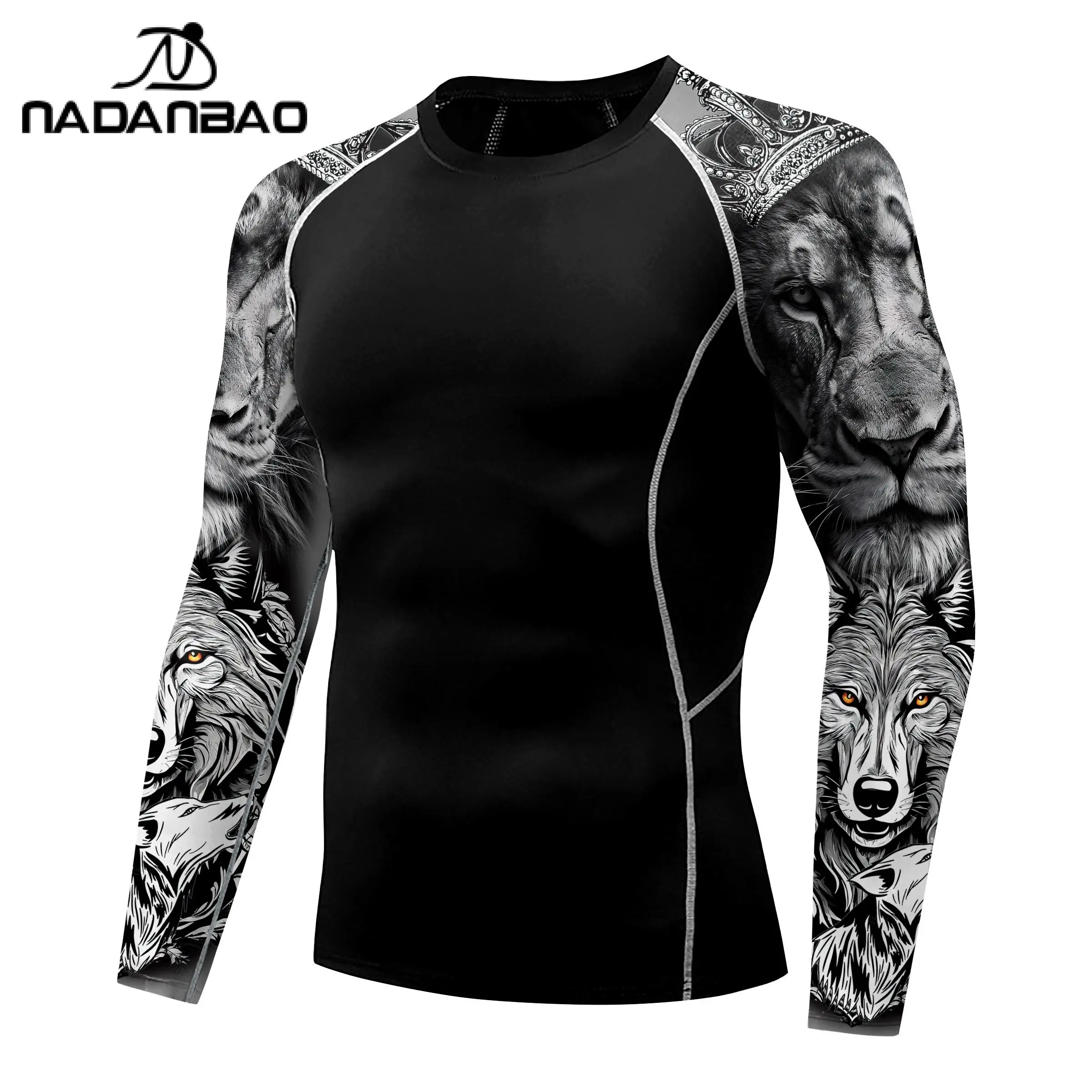 Nadanbao Men Holiday Party Swimwear 3D Printing Fitness Swimsuits Beach Long Sleeve Fashion Gym Top Surfing Beachwear Top