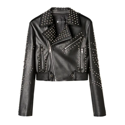 

2023 Women's Leather Jacket Streetwear Fashion Turn-down Collar Punk Rivet Faux Leather Locomotive Jacket Women