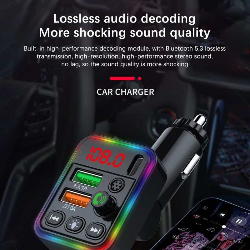 Car Bluetooth Audio Adapter FM Transmitter Car MP3 Player Type-C PD USB Quick Charger Handsfree Calling