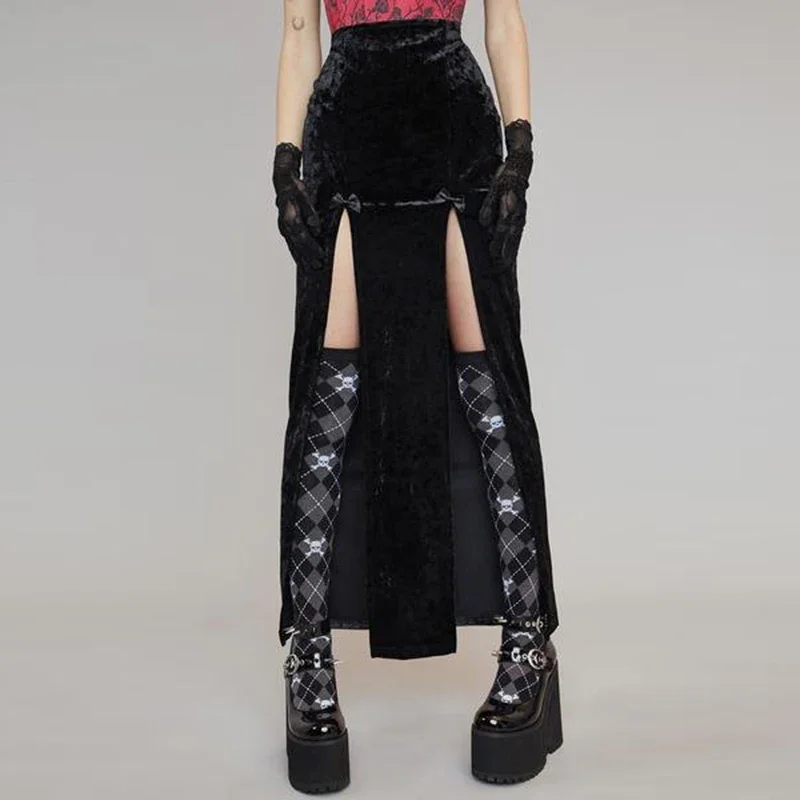 BSDFFO Women's Gothic Style Dark Bow Suede Double Slit Long Skirt