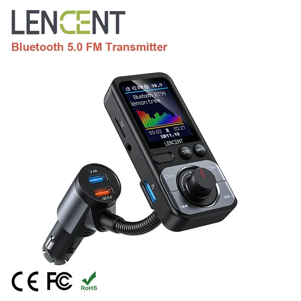 LENCENTBluetooth50FMTransmitterModulatorwith2USBPortsQC30