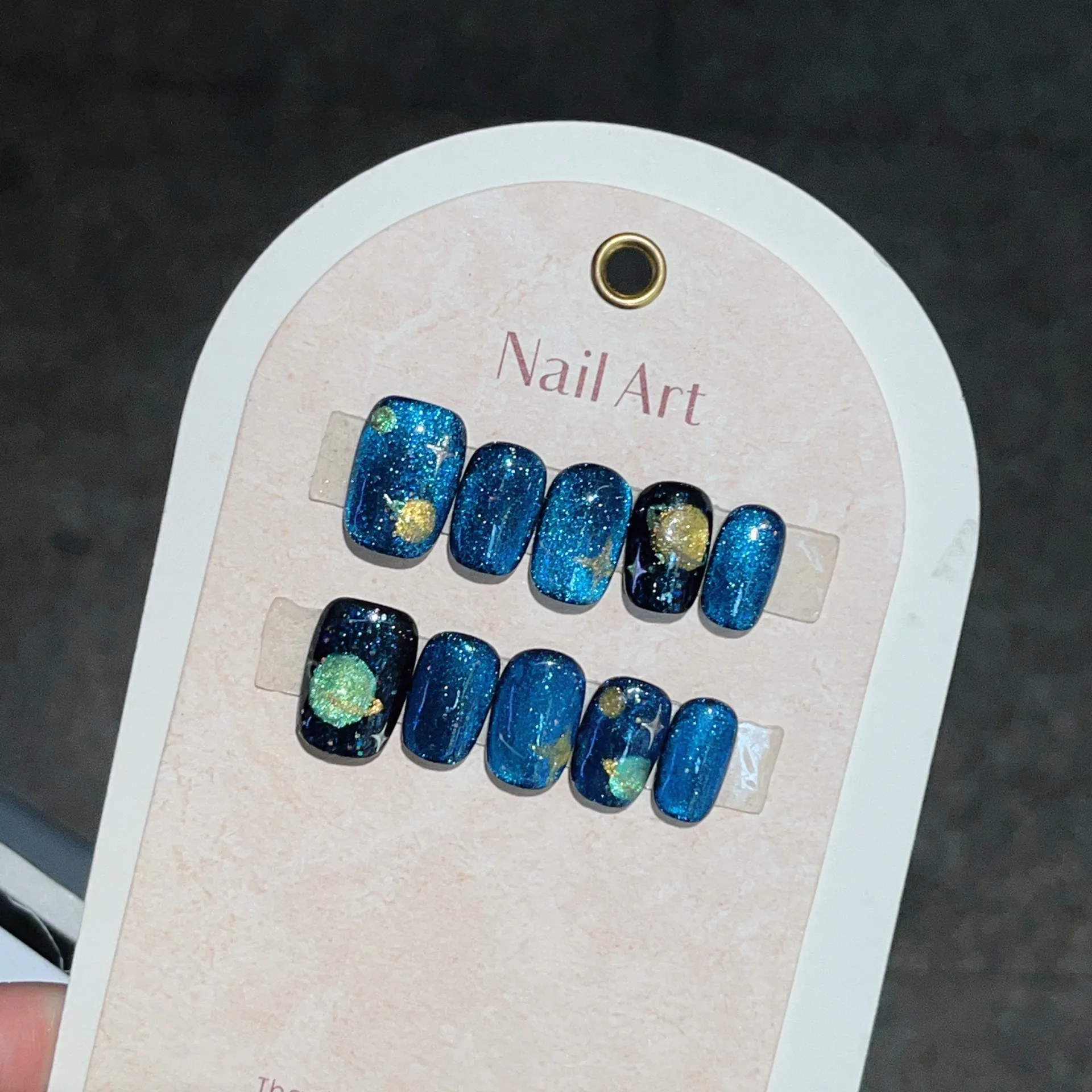 Description Picture 5 of item10Pcs Blue Cat Eye False Nails Hand Painted Planet Artificial Nails Short Square Head Fake Nails with Glue Full Cover Nail Tips