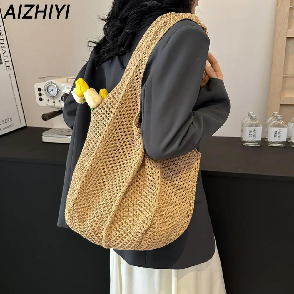Fashion Crochet Bags for Women Summer Beach Tote Bag Raffia Aesthetic Totes Straw Handbag Bohemian Boho Woven Knit Shoulder Bag