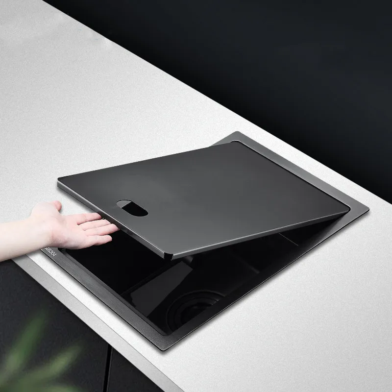 Black Hidden Kitchen Sink Handmade with Lid Single Bowl 304 Stainless Steel Folding Faucet 4mm