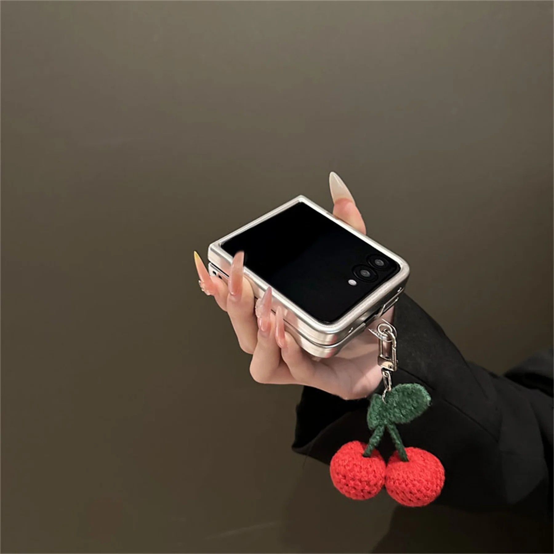 Charming Cherry Glacial Pattern Phone Case with Cherry Pendant Accessory