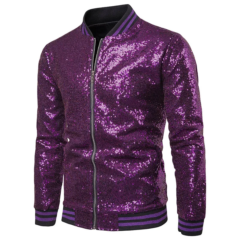 

Purple Sequin Varsity Jackets Coats for Men 70s Disco Dance Shiny Glitter Varsity Jacket Nightclub Stage Prom Bomber Jacket Male