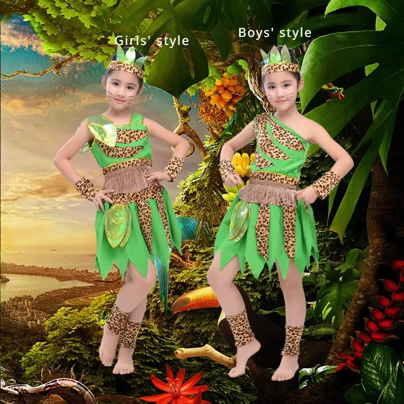 African Dress Children Costume Green Children's Wear Plays Out Costume Tage Costume African Dance Indian Savage Hunter Show Dance-BC9886