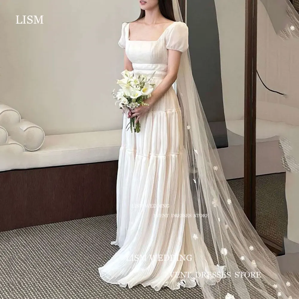 

LISM Princess Korea A Line Wedding Dresses Puff Short Sleeves Square Neck Draped Bridal Gowns With Tulle Long Veil Flowers