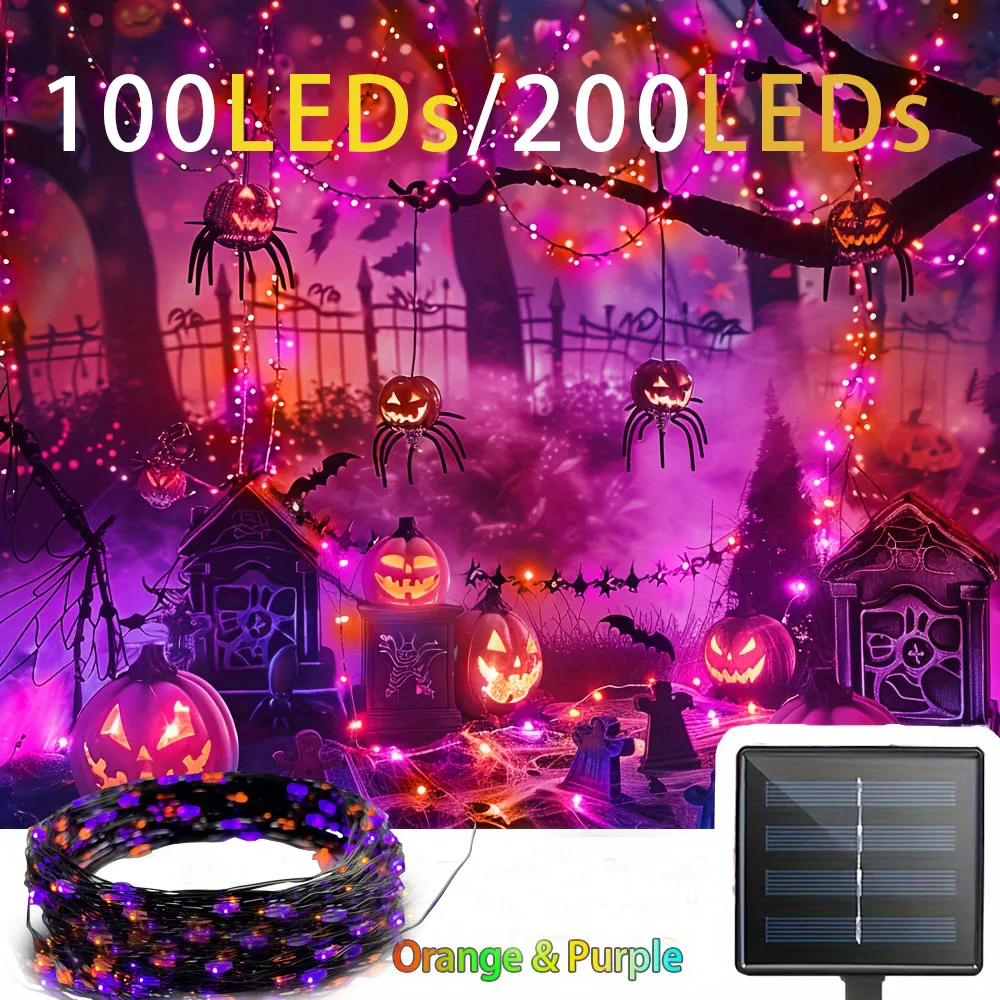 Enchanting Halloween Solar-Powered Waterproof Fairy Lights for Outdoor Decor (Purple & Orange)