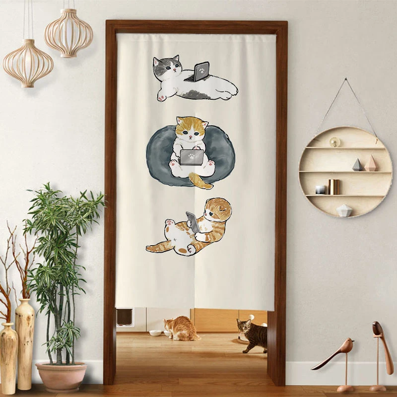 Chinese Door Curtain Split Noren Living Room Bedroom Partition Fat Cat Printed Drapes Kitchen Entrance Hanging Half-CurtainsJapanese Door Curtain Noren Lucky Cat Doorway Curtain For Kitchen Sushi Izakaya Home Entrance Decor Partition Fengshui Curtain 