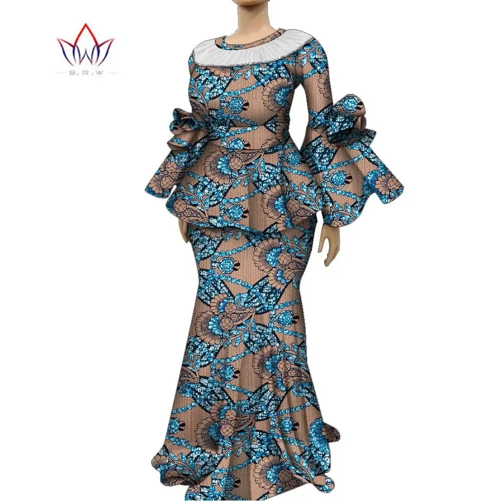 African Skirt Sets for Women Africa Wax Print Dashiki Tops and Long Skirt O-neck Flare Sleeves Women Clothing Plus Size WY2135