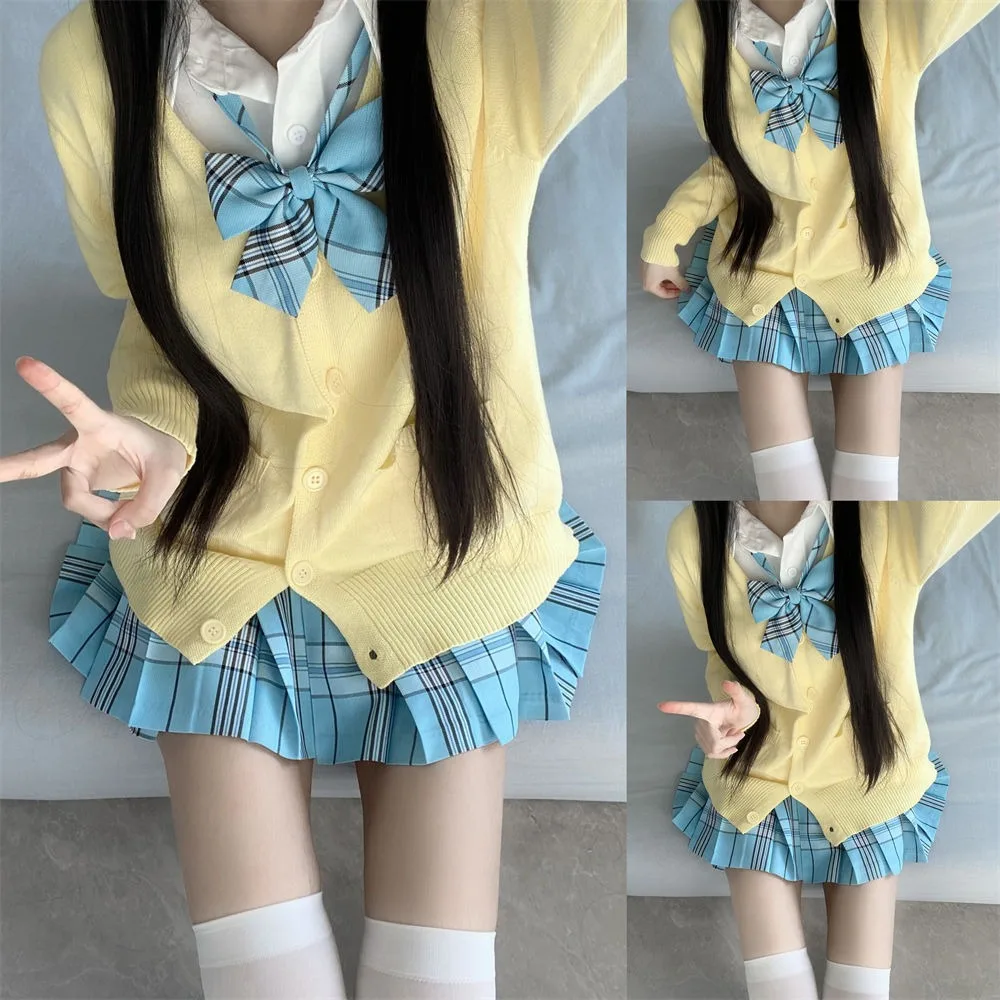 Japanese Korean School Uniform 3 PC Set Multicolor Sweater and Plaid Pleated Skirt with Bow JK Uniform Set Graduation Clothing