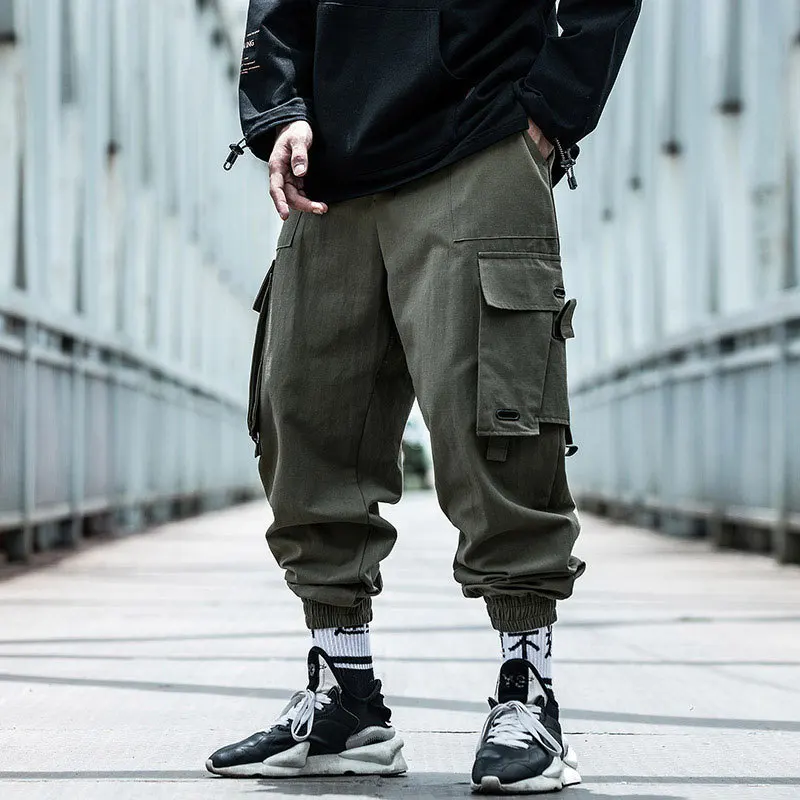 Men Casual Pants Hip-Hop Style Sports Pants Harem Overalls Multi-pocket Ribbon Casual Streetwear men casual pants