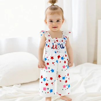 Toddler 4th of July Romper with Star Print and Smocked Pants Girl s Sleeveless Jumpsuit for Summer Celebrations 4