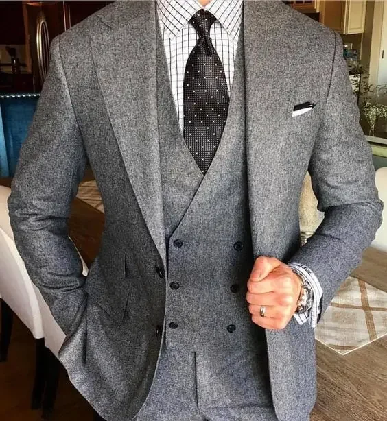 

Smoking Grey Tweed Men Suit Slim Fit 3 Piece Groom Tuxedo Custom Blazer Sets Prom Formal Wedding Suits For Men Terno Masculino