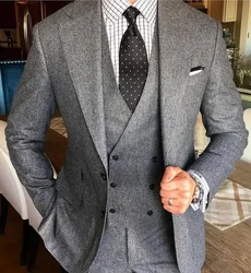 Smoking Grey Tweed Men Suit Slim Fit 3 Piece Groom Tuxedo Custom Blazer Sets Prom Formal Wedding Suits For Men Terno Masculino