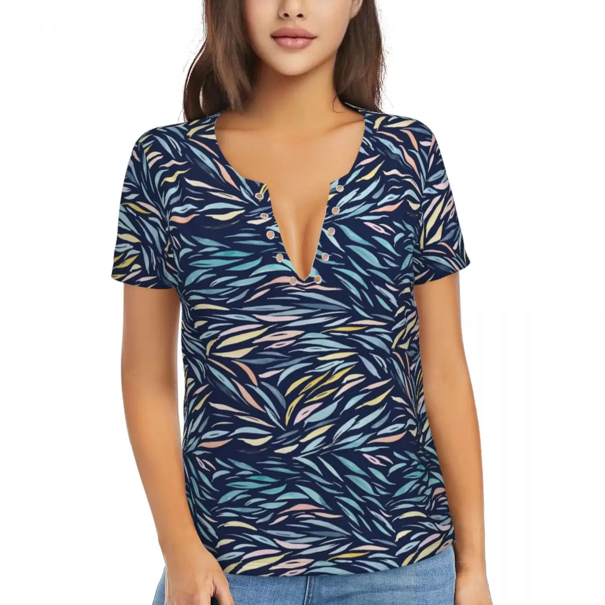 

Футболка Y2K с абстрактным принтом листьев, смешная уличная одежда с глубоким V-образным вырезом и коротким рукавом, Пляжная Дизайнерская одежда