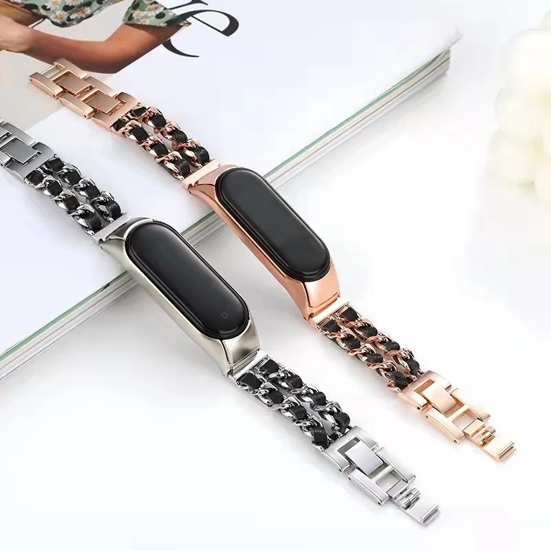 Metal+Leather strap For Xiaomi Mi band 8 7 6 5 4 3 Smart Stainless Steel Bracelet Miband 8 Wristband For Xiaommi Mi band 7 strap