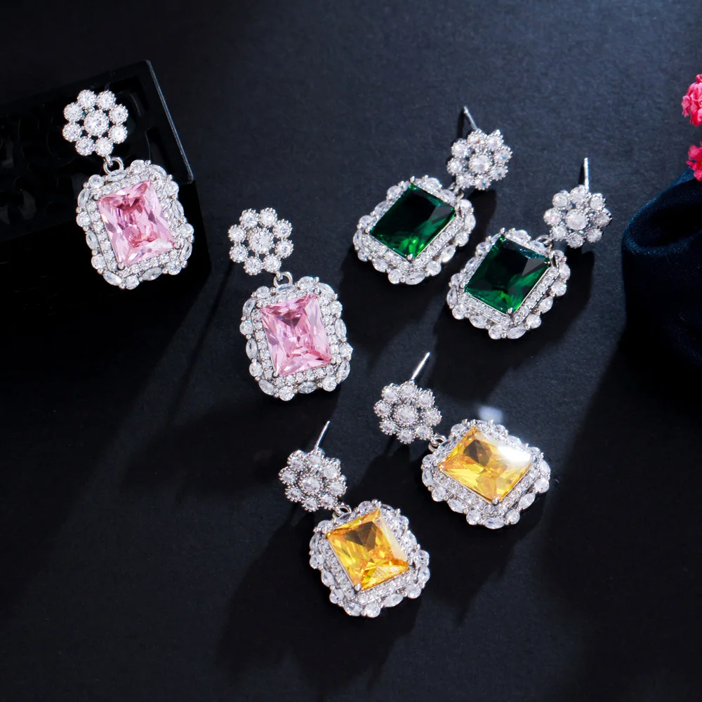 

ThreeGraces New Fashion Yellow Pink Green Cubic Zirconia Geometric Square CZ Drop Earrings for Women Daily Party Jewelry E1440
