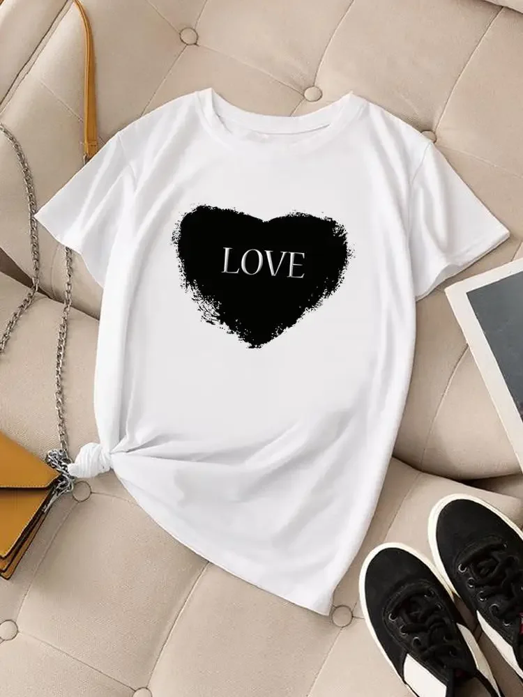 

Clothing Women Fashion Casual Print Top Short Sleeve Love Heart Watercolor Style Trend Lady O-neck T Shirt Graphic Tee T-shirt