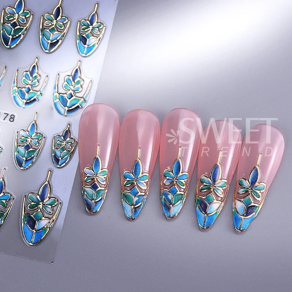 5D Embossed Green Geometry Lealves Nail Stickers French Gold Line  Self-adhesive Nail Art Supplies Decals Manicure Decoration